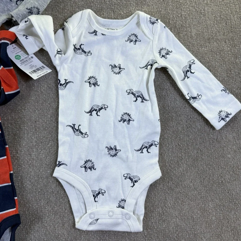 Carters Long Sleeve Bodysuits 4 Pack NWT Size 3 Months Dinos & Stripes